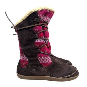 Acorn Women Fair Isle Knit‎ Boots Brown Suede Cozy Sherpa Lined Moccasin Sz W9